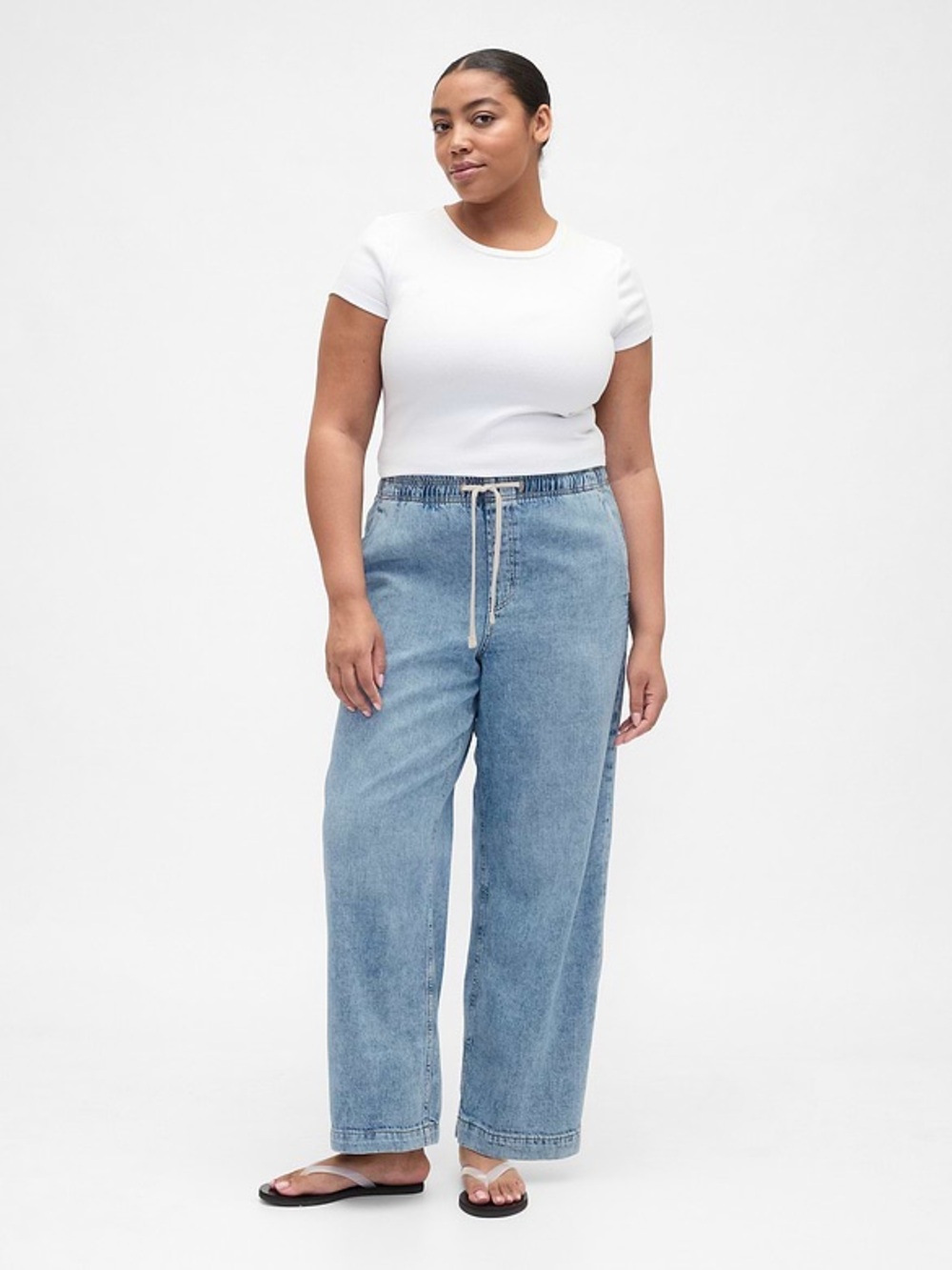 GAP High Rise Wide Leg Drawstring Jeans - Light Blue Denim